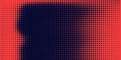 Halftone in abstract style. Geometric retro banner vector texture. Modern print. Dark blue and red background. Light effect