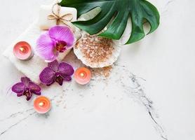 Natural spa ingredients with orchid flowers photo