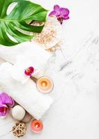 Natural spa ingredients with orchid flowers photo