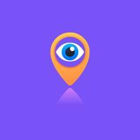 Eye logo on violet background. Vector design template. Local optic logotype. Logograms with geo pin.