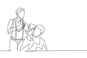 Single continuous line drawing barber makes hair styling with hair spray after haircut at barber shop. Young handsome man getting haircut in modern hair salon. Dynamic one line draw graphic design vector