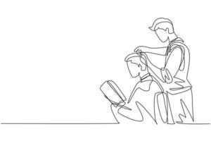 Single continuous line drawing barber shop client, which is getting his perfect haircut from a classy dressed stylist, reading the magazine and waiting for result. Dynamic one line draw graphic design vector