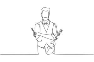 Continuous one line drawing empty place of virile harsh barber having his arms crossed, holding equipment in hand. Professional barber concept. Single line draw design vector graphic illustration