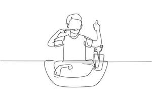 Single one line drawing man brushing his teeth with thumbs up gesture. Routine habits for cleanliness, health, freshness of mouth and teeth. Continuous line draw design graphic vector illustration