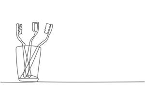 Single continuous line drawing several toothbrushes in glass. Dental care equipment at home. Brushing teeth. Teeth care concept. Oral care center. One line draw graphic design vector illustration