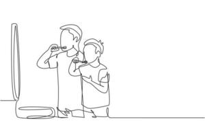 Single one line drawing smiling father and son holding toothbrushes and looking at mirror in bathroom. Habits for health of mouth and teeth. Continuous line draw design graphic vector illustration