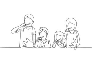 Single continuous line drawing happy family brushing their teeth together before bedtime. Routine habits for cleanliness and health of mouth and teeth. One line draw graphic design vector illustration