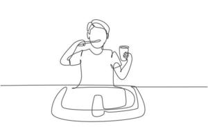 Single continuous line drawing man brushing his teeth in sink. Routine habits every morning for cleanliness, health, and freshness of mouth and teeth. One line draw graphic design vector illustration