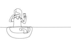 Single continuous line drawing girl brushing her teeth in sink. Routine habits every morning for cleanliness, health, and freshness of mouth and teeth. One line draw graphic design vector illustration