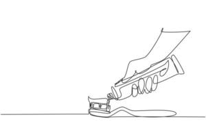 dibujo de línea continua única cepillarse los dientes. cepillo de dientes y pasta de dientes de cerca. Extruya la pasta de dientes a mano del tubo del cepillo de dientes. concepto de cuidado de los dientes. Ilustración de vector de diseño gráfico de dibujo de una línea