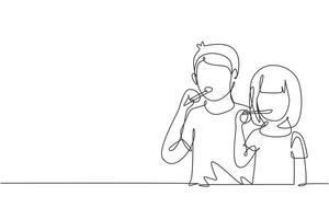 Single continuous line drawing two boys and girls are brushing their teeth in bathroom. Routine habits for cleanliness and health of mouth and teeth. One line draw graphic design vector illustration