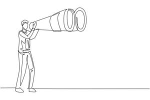 Continuous one line drawing tourist man looking through big binoculars far ahead. Young gentleman is traveling with field glasses. Find something interesting. Single line draw design vector graphic