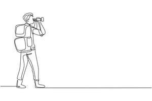 Continuous one line drawing male adventurer carrying backpack while looking through binoculars. Exploration of mountainous or hilly landscapes. Single line draw design vector graphic illustration