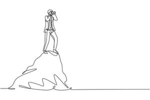 Single one line drawing young businessman standing on hill while looking at binoculars. Symbol leadership, strategy, mission, objectives. Modern continuous line draw design graphic vector illustration