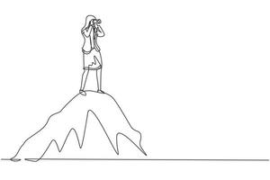 Single continuous line drawing businesswoman standing on hill while looking at binoculars. Symbol leadership, strategy, mission, objectives. Dynamic one line draw graphic design vector illustration