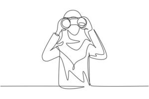 Single continuous line drawing Arab business woman looking through binoculars searching for job. Find all opportunities in the world of suitable jobs. One line draw graphic design vector illustration