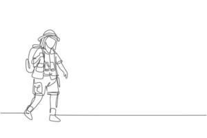 Continuous one line drawing girl wearing safari outfit complete with hat carrying bag and draping binoculars. Little adventurer learns about nature. Single line draw design vector graphic illustration