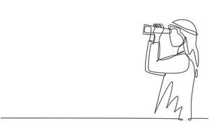 Single continuous line drawing Arabic man looking in distance with binoculars. Enjoy beauty of nature as far as the eye can see. Find something interesting. One line graphic design vector illustration