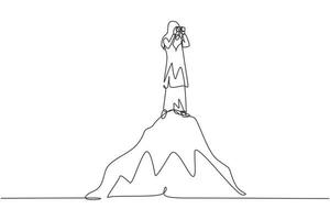 Single one line drawing Arabian businesswoman standing on hill while looking at binoculars. Symbol leadership, strategy, mission, objectives. Continuous line draw design graphic vector illustration