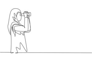 Continuous one line drawing Arab woman looking in distance with binoculars. Enjoy beauty of nature as far as the eye can see. Find something interesting. Single line design vector graphic illustration