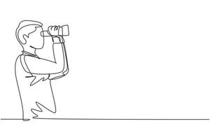 Continuous one line drawing young man looking in distance with binoculars. Enjoy beauty of nature as far as the eye can see. Find something interesting. Single line design vector graphic illustration