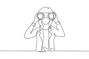 Single one line drawing young business woman looking through binoculars searching for job. Find all opportunities in the world of suitable jobs. Continuous line draw design graphic vector illustration