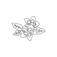 Un dibujo de una sola línea Beauty Fresh Plumeria para decoración del hogar, póster de arte de pared, impresión. concepto de flor de frangipani decorativo para invitación de boda. Ilustración de vector de diseño de dibujo de línea continua moderna