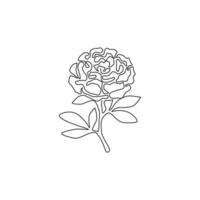 Single continuous line drawing of beauty fresh herbaceous plant for garden logo. Printable decorative peony flower concept for wedding invitation card. Trendy one line draw design vector illustration