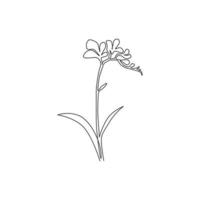 One continuous line drawing of beauty fresh freesia for home wall decor art poster frame. Decorative herbaceous flower concept for wedding invitation card. Single line draw design vector illustration