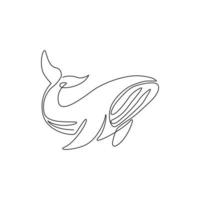 Single continuous line drawing of big whale for marine company logo identity. Big fish mammal animal mascot concept for business logotype. Modern one line draw design illustration vector graphic