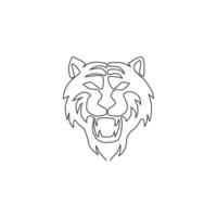 One single line drawing of wild Sumatra tiger head for business logo identity. Strong Bengal big cat animal mascot concept for national conservation park. Continuous line draw design illustration vector