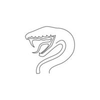 One single line drawing of venomous snake for medicine concoction logo. Deadly cobra mascot concept for dangerous lethal potion icon. Trendy continuous line draw design vector graphic illustration