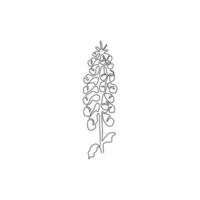 One continuous line drawing of beauty fresh digitalis purpurea for home art wall decor poster print. Decorative foxglove flower concept for greeting card. Single line draw design vector illustration