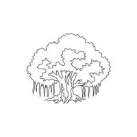 Single one line drawing of big shady and beauty leafy banyan tree. Decorative ficus benghalensis plant concept for national park logo. Modern continuous line draw design vector graphic illustration