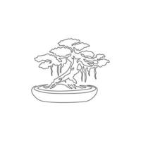 Single continuous line drawing of beautiful and exotic Japan bonsai tree. Decorative old small banyan tree concept for home decor wall art poster print. Modern one line draw design vector illustration