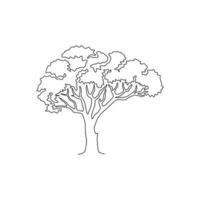 One continuous line drawing beauty marula tree for wall decor art poster print. Sclerocarya birrea plant for national park logo. Tourism and travel concept. Single line draw design vector illustration