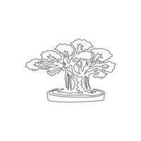 Single one line drawing beautiful and exotic Japanese bonsai tree. Decorative little banyan tree on tree concept for greeting post card. Modern continuous line draw design graphic vector illustration