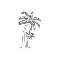 Single one line drawing of coconut tree. Decorative cocos nucifera, beach palm tree family concept for greeting hello summer post card. Modern continuous line draw design vector graphic illustration