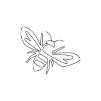 Single continuous line drawing of decorative bee for farm logo identity. Honeycomb producer icon concept from wasp animal shape. One line draw graphic design vector illustration