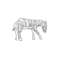 One single line drawing of zebra for zoo safari national park logo identity. Typical horse from Africa with stripes concept for kids playground mascot. Continuous line draw vector design illustration