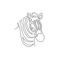 One continuous line drawing of zebra head for zoo safari national park logo identity. Typical horse from Africa with stripes concept for company mascot. Modern single line draw design illustration vector