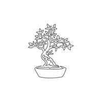 Una belleza de dibujo de línea continua y un árbol bonsai exótico para la decoración de la pared del hogar. Planta de bonsai en maceta antigua decorativa para el logotipo de la tienda de plantas. Ilustración de vector de diseño de dibujo de una sola línea