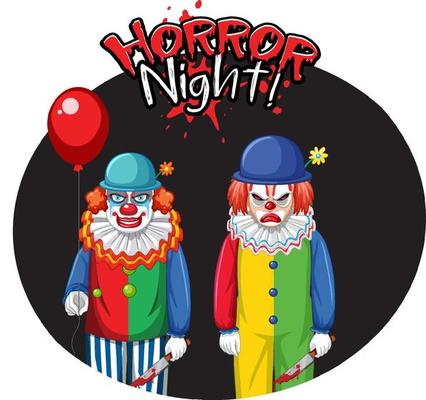 Horror Night badge with two creepy clowns