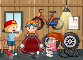 Garage scene with children fixing a car together vector