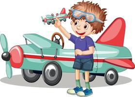 Young boy playing with plane toy standing in front of plane vector