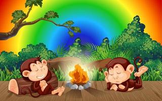 Dos monos toman una siesta en el bosque sobre fondo de arco iris degradado vector