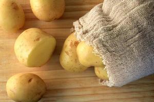 potato sticking out of sack on wooden table, cut potato photo