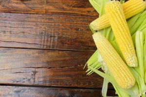 ear of raw corn, with straw and bark, harvested from plantation, on rustic wooden table. photo