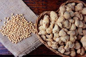 Soybean meat, chunks in a basket with heart shape. Raw soybeans chunks on rustic wooden background photo