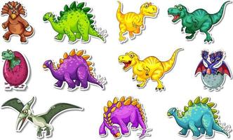 Sticker set with different types of dinosaurs cartoon characters vector